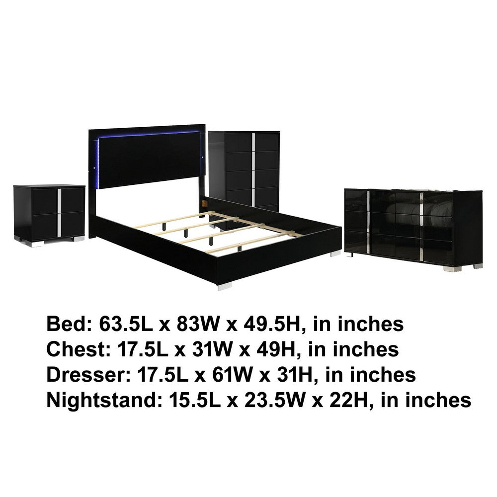 Queen Bedroom Set | Piano Black & Chrome Silver | 4 Piece Set with Chest | Dresser | & Nightst&
