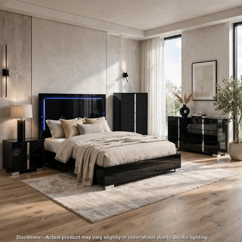 Queen Bedroom Set | Piano Black & Chrome Silver | 4 Piece Set with Chest | Dresser | & Nightst&