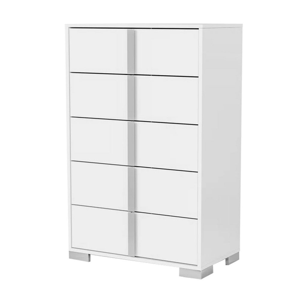 Queen Bedroom Set | White & Chrome Silver | 4 Piece Set with Chest | Dresser | & Nightst&
