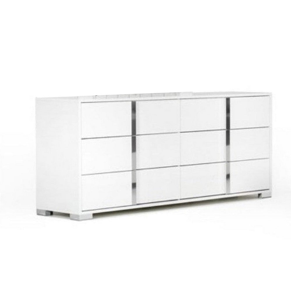 Queen Bedroom Set | White & Chrome Silver | 4 Piece Set with Chest | Dresser | & Nightst&