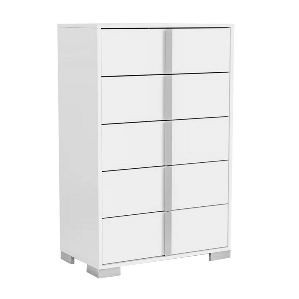 Queen Bedroom Set | White & Chrome Silver | 4 Piece Set with Chest | Dresser | & Nightst&