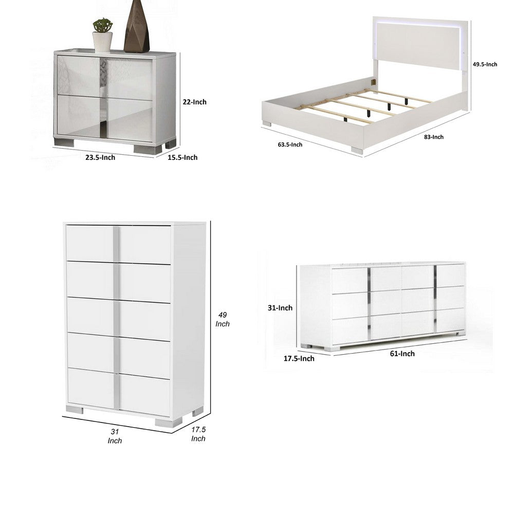 Queen Bedroom Set | White & Chrome Silver | 4 Piece Set with Chest | Dresser | & Nightst&