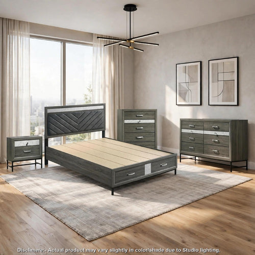 Queen Bedroom Set | Gray | Silver | & Black | 4 Piece Set with Chest | Dresser | & Nightst&