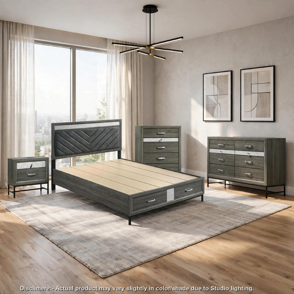 Queen Bedroom Set | Gray | Silver | & Black | 4 Piece Set with Chest | Dresser | & Nightst&
