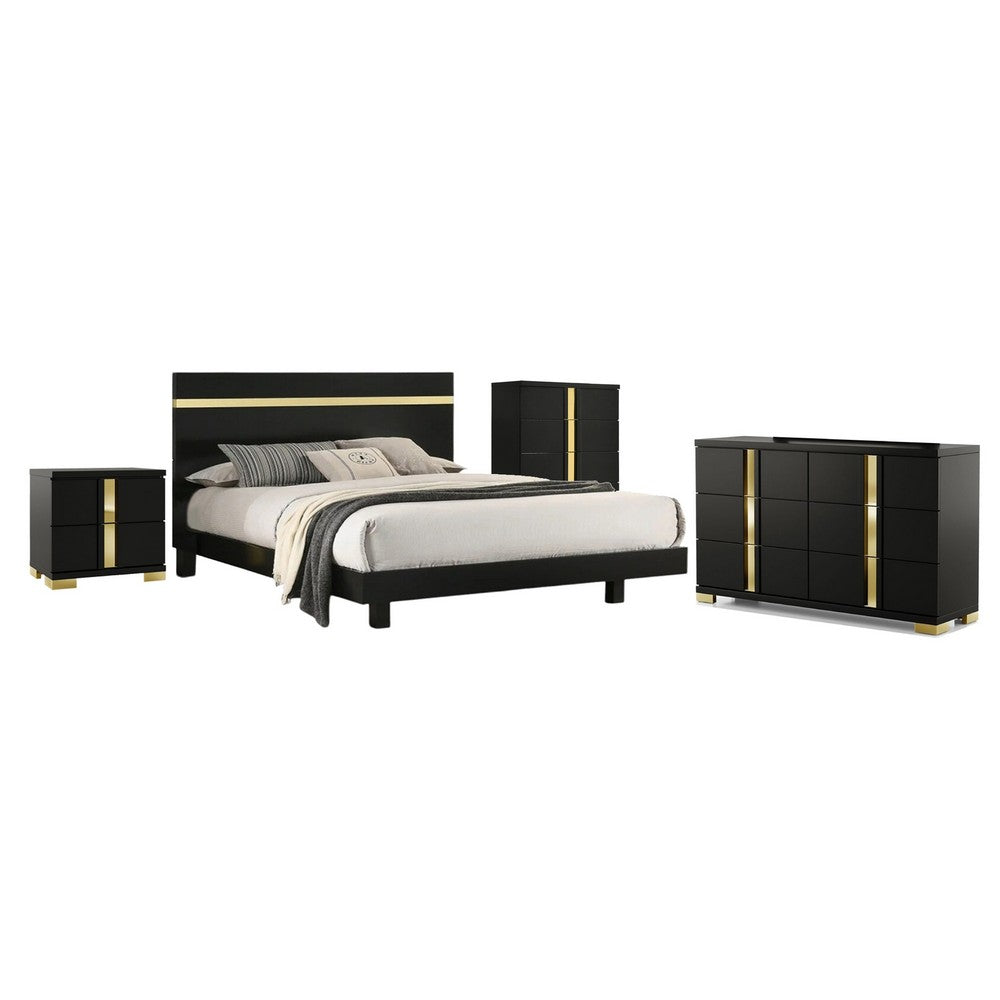 Queen Bedroom Set | Black & Gold | 4 Piece Set with Chest | Dresser | & Nightst&