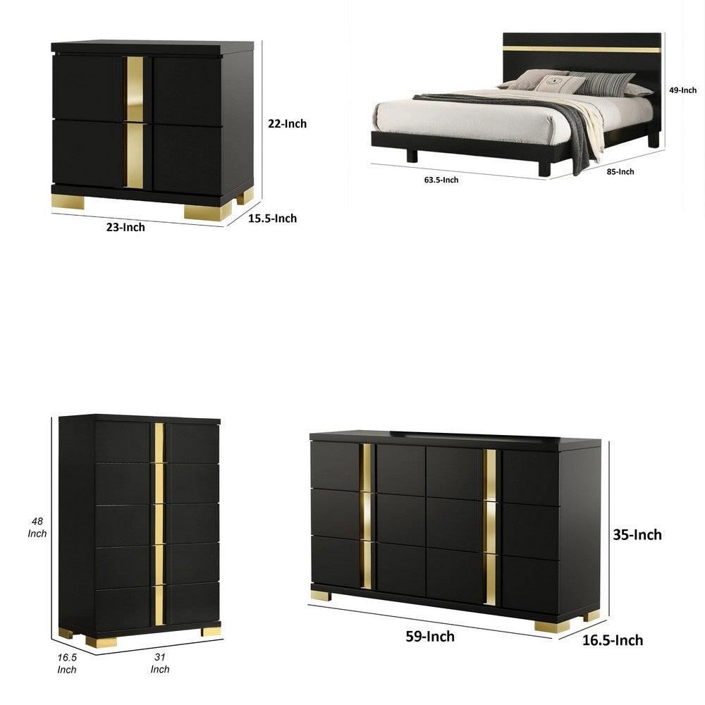 Queen Bedroom Set | Black & Gold | 4 Piece Set with Chest | Dresser | & Nightst&