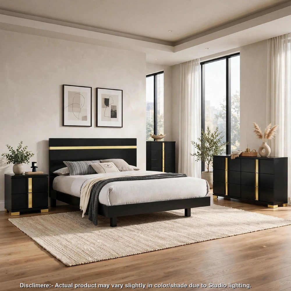 Queen Bedroom Set | Black & Gold | 4 Piece Set with Chest | Dresser | & Nightst&