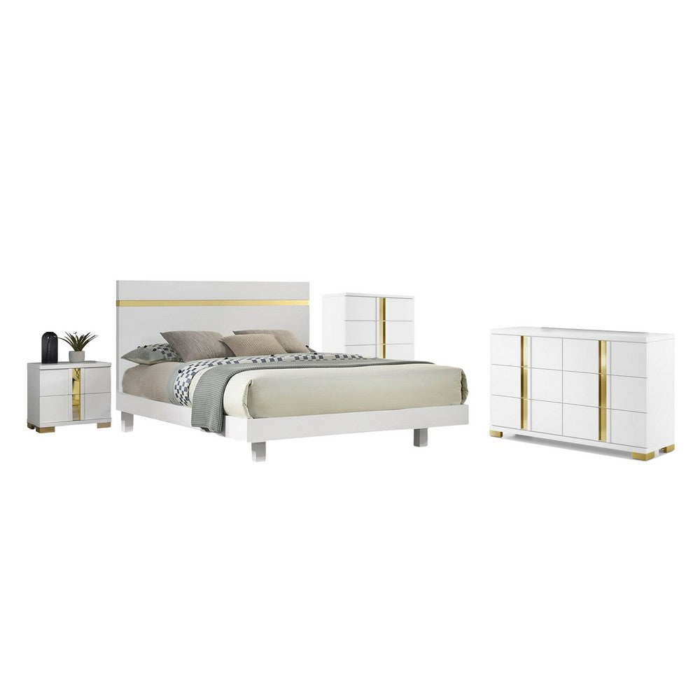 Queen Bedroom Set | White & Gold | 4 Piece Set with Chest | Dresser | & Nightst&