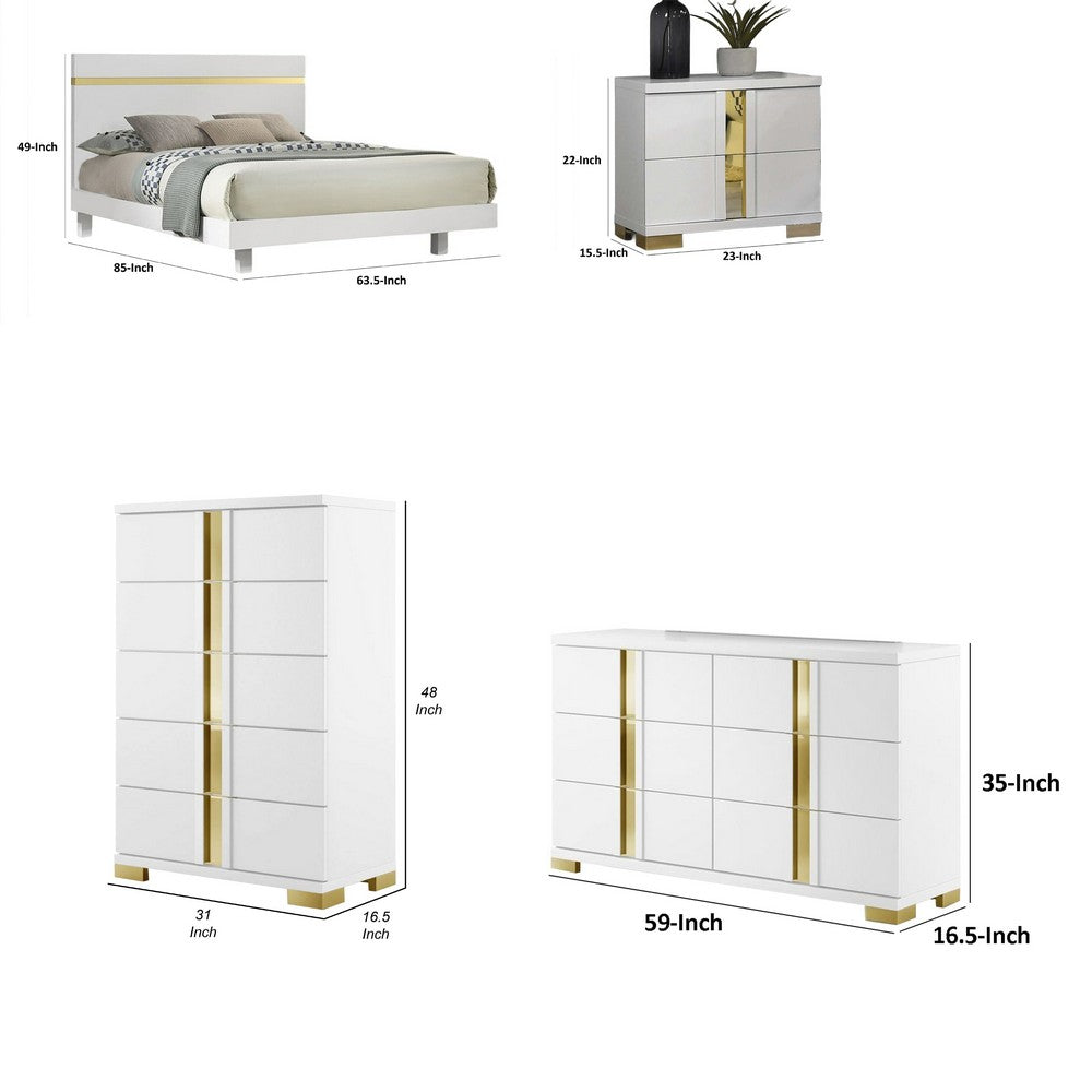 Queen Bedroom Set | White & Gold | 4 Piece Set with Chest | Dresser | & Nightst&