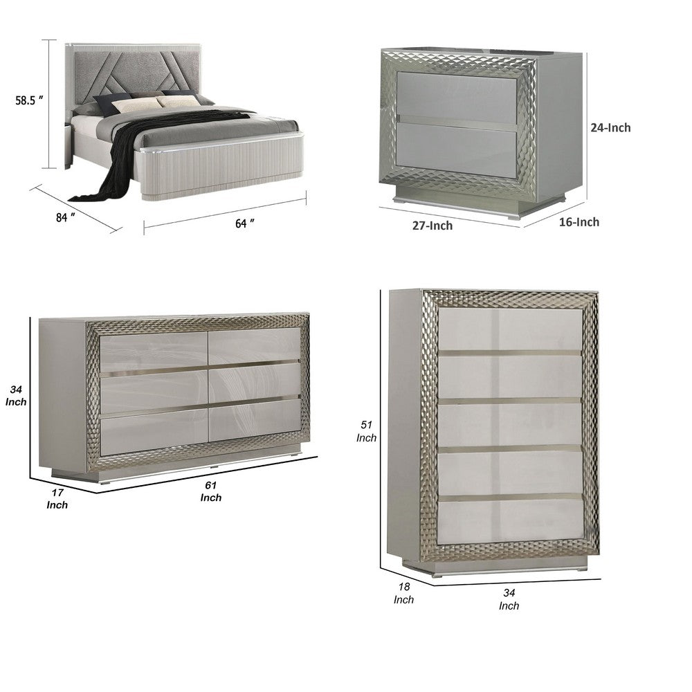 Queen Bedroom Set | Gray & Silver | 4 Piece Set with Chest | Dresser | & Nightst&
