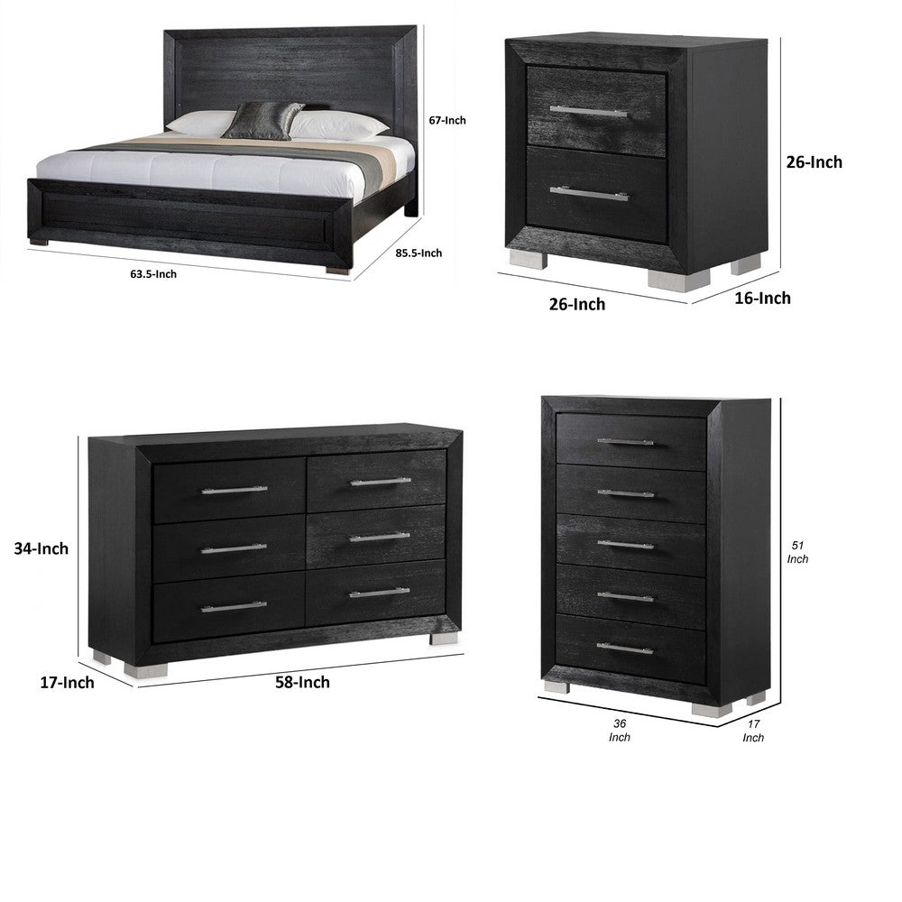 Queen Bedroom Set | Black | Chrome | & Nickel | 4 Piece Set with Chest | Dresser | & Nightst&