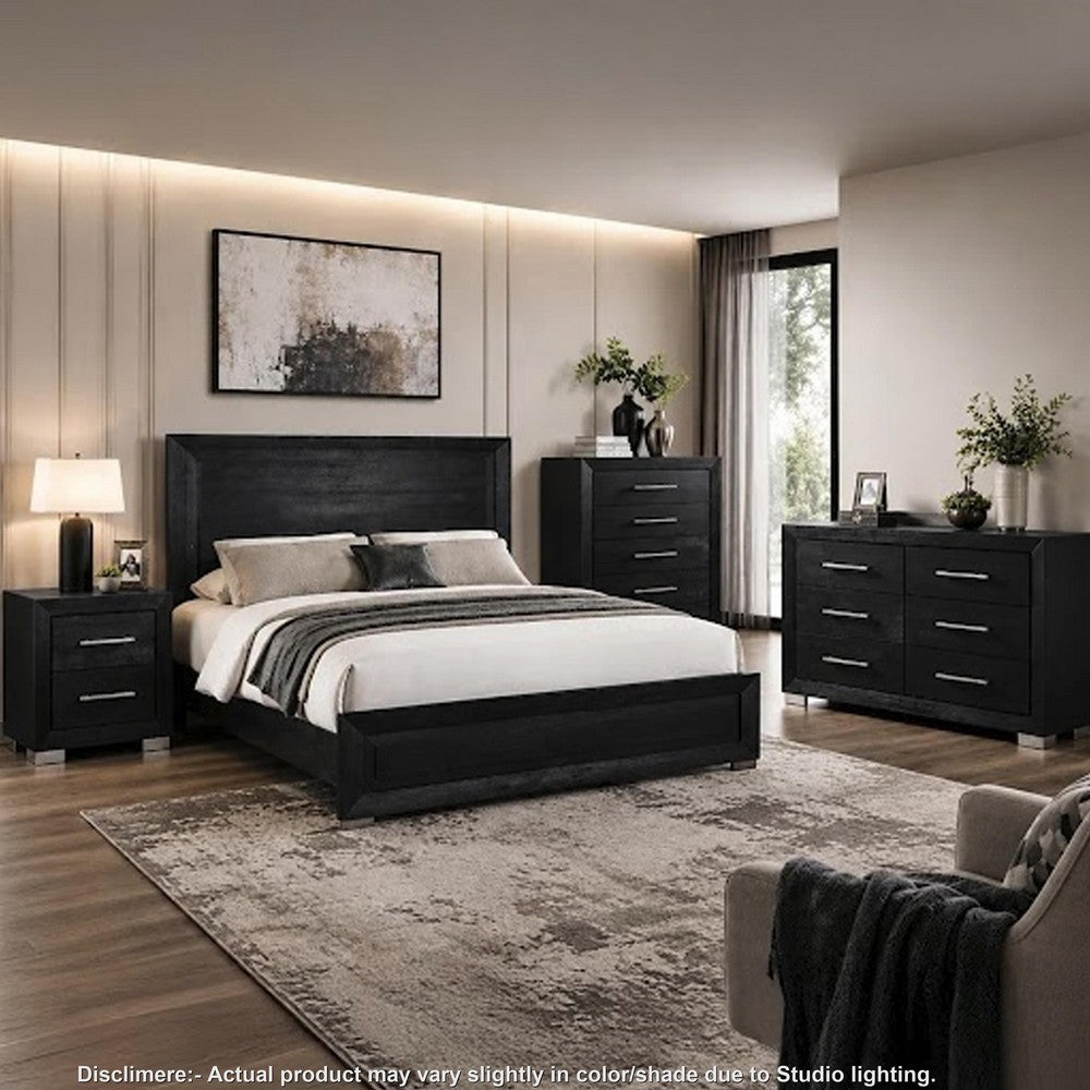 Queen Bedroom Set | Black | Chrome | & Nickel | 4 Piece Set with Chest | Dresser | & Nightst&