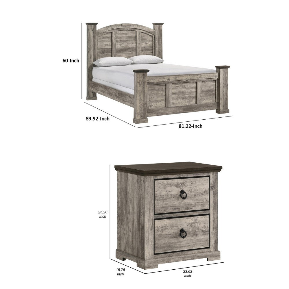 King Bedroom Set | Light Gray | Dark Brown | Black Wood | 2 Piece Set with Nightst&