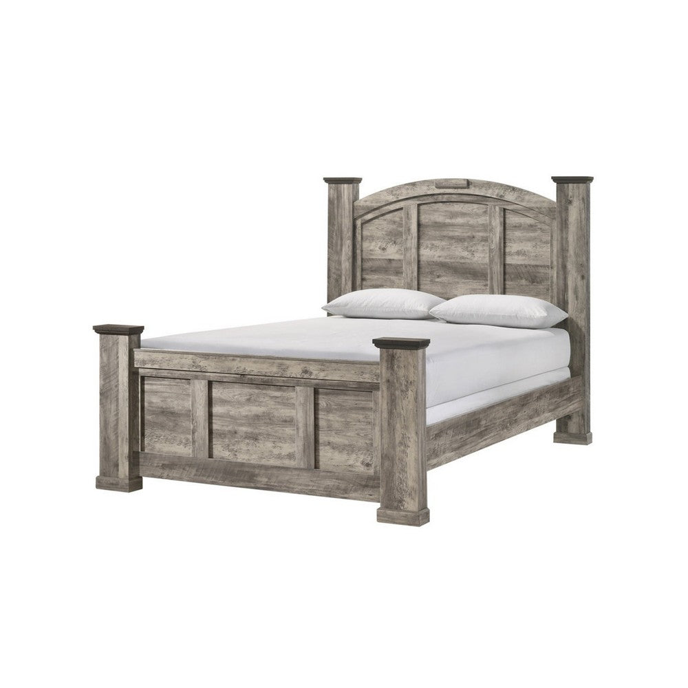 Queen Bedroom Set, Light Gray, Dark Brown, Black Wood, 3 Piece Set with 2 Nightstands