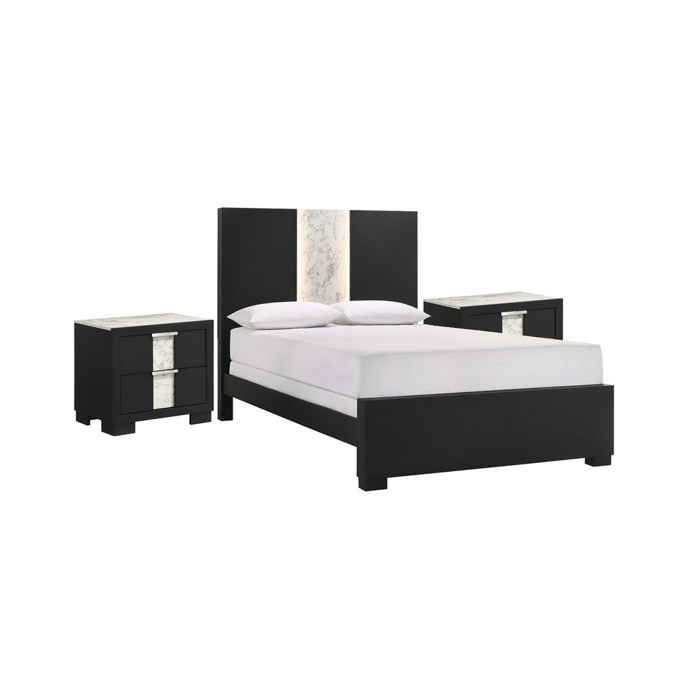 King Bedroom Set | Black | White | Silver Wood | 3 Piece Set with 2 Nightst&s