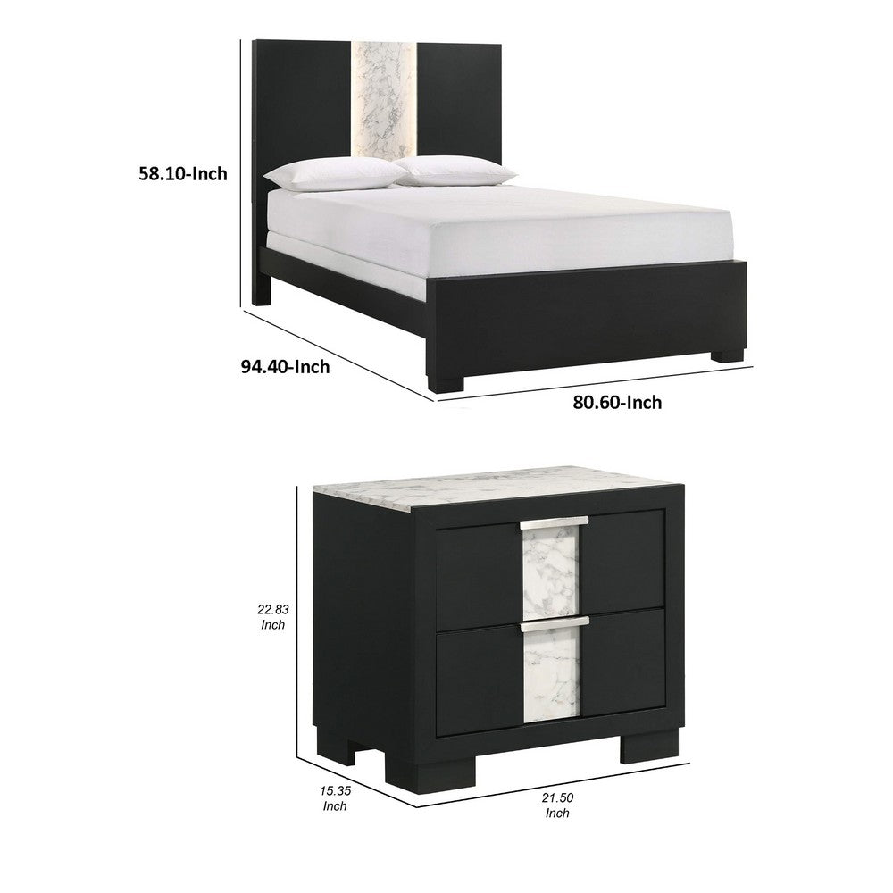 King Bedroom Set | Black | White | Silver Wood | 3 Piece Set with 2 Nightst&s