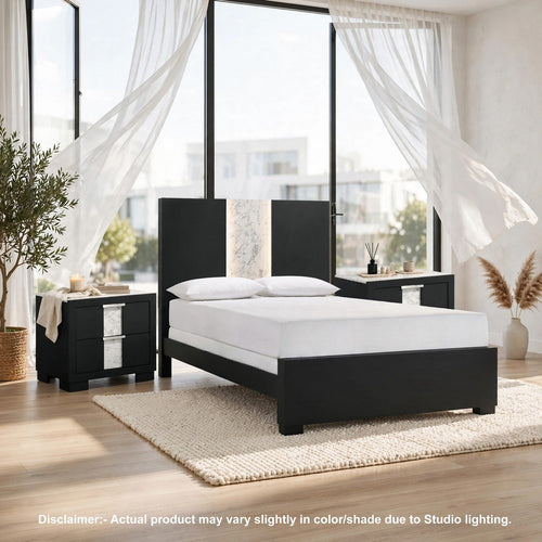 King Bedroom Set | Black | White | Silver Wood | 3 Piece Set with 2 Nightst&s