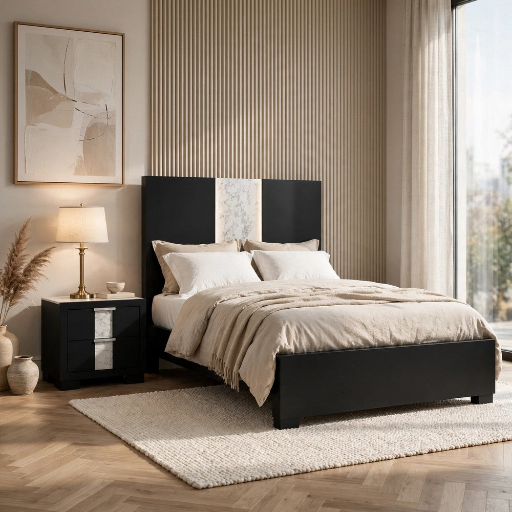 King Bedroom Set | Black | White | Silver Wood | 2 Piece Set with Nightst&