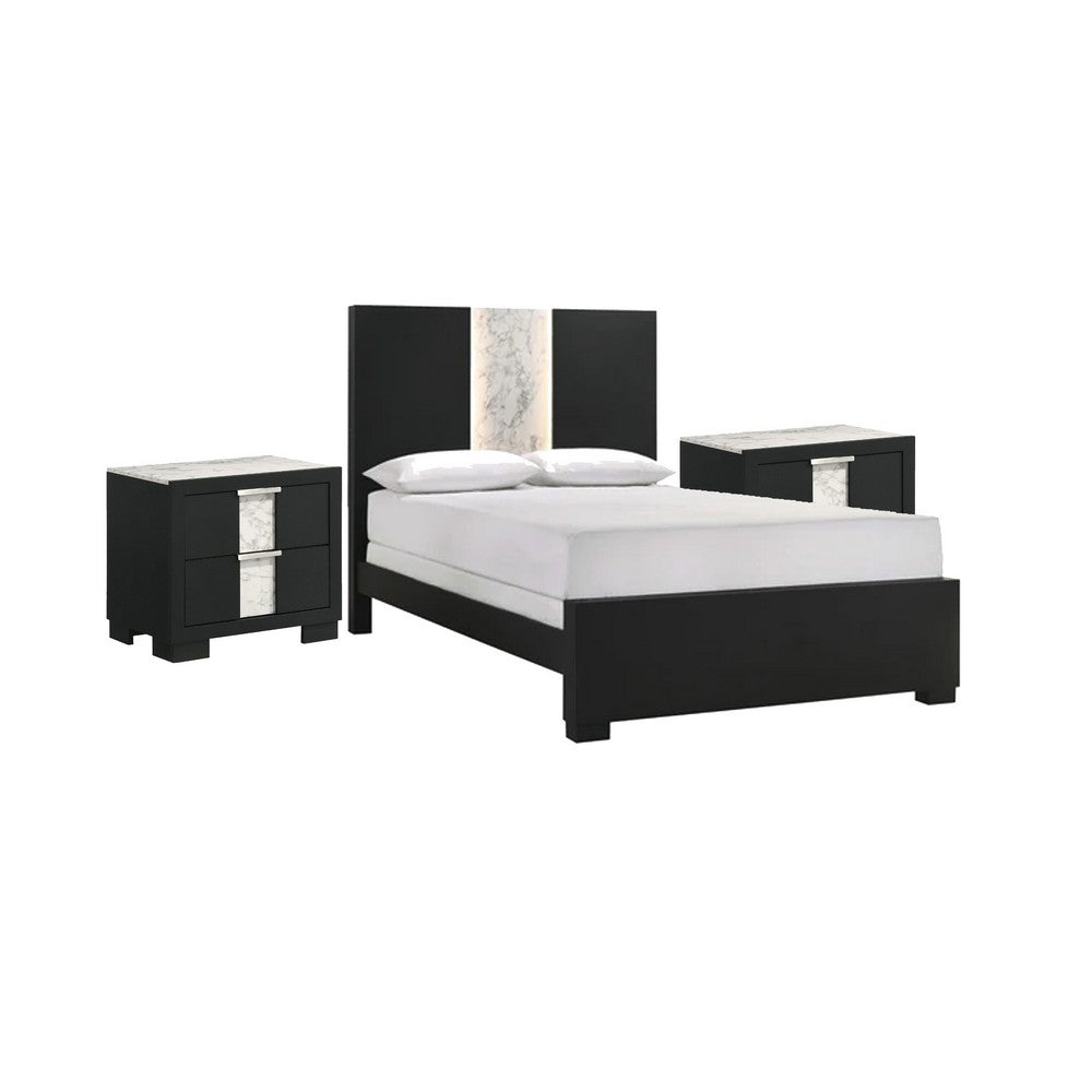 Queen Bedroom Set, Black, White, Silver Wood, 3 Piece Set with 2 Nightstands
