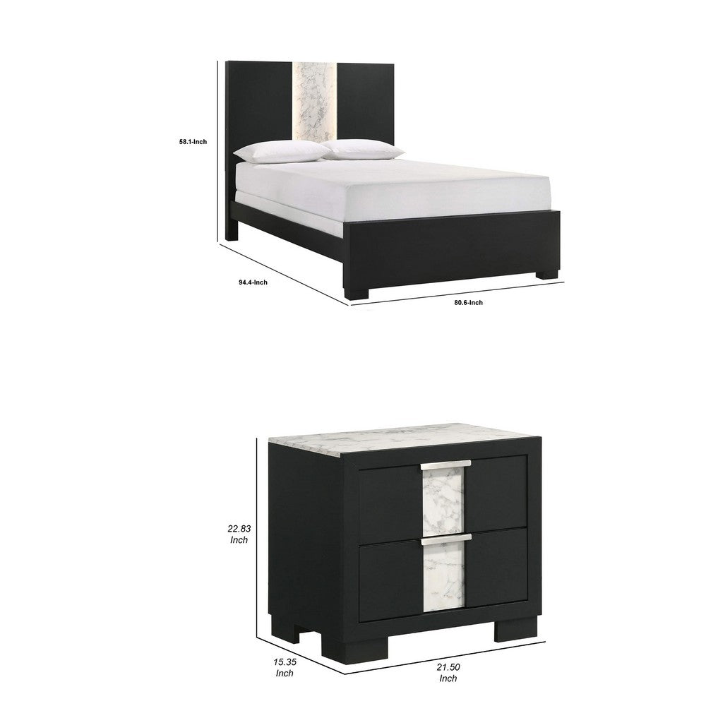 Queen Bedroom Set, Black, White, Silver Wood, 3 Piece Set with 2 Nightstands