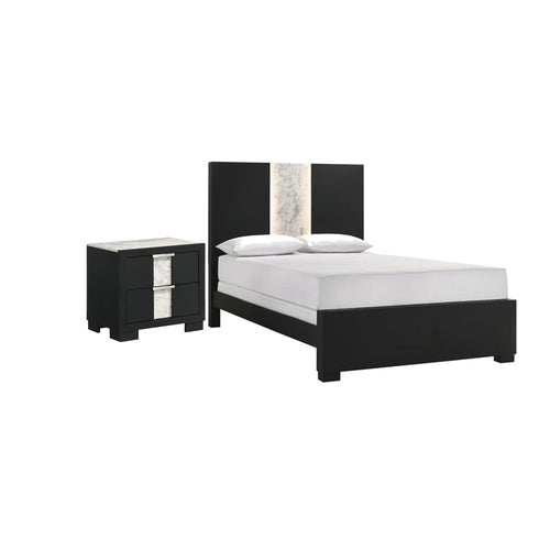 Queen Bedroom Set | Black | White | Silver Wood | 2 Piece Set with Nightst&