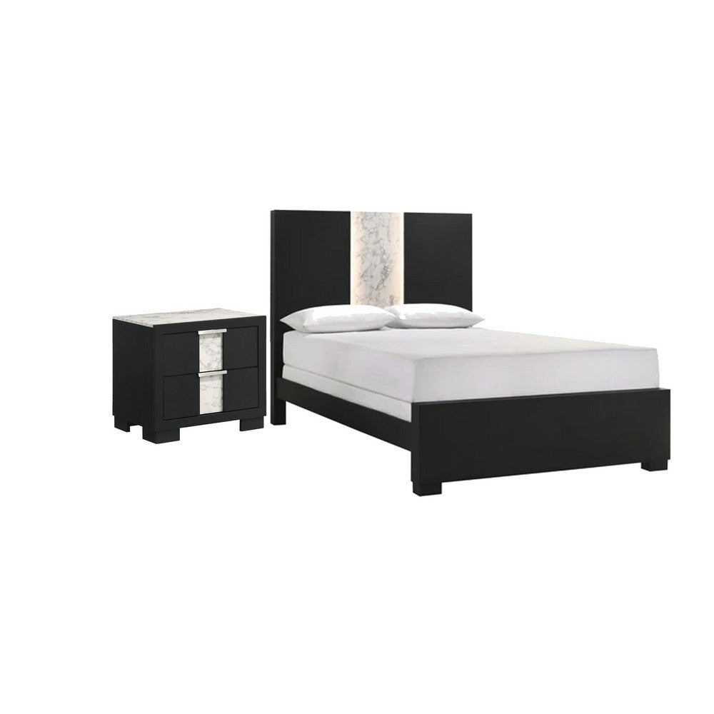 Queen Bedroom Set | Black | White | Silver Wood | 2 Piece Set with Nightst&