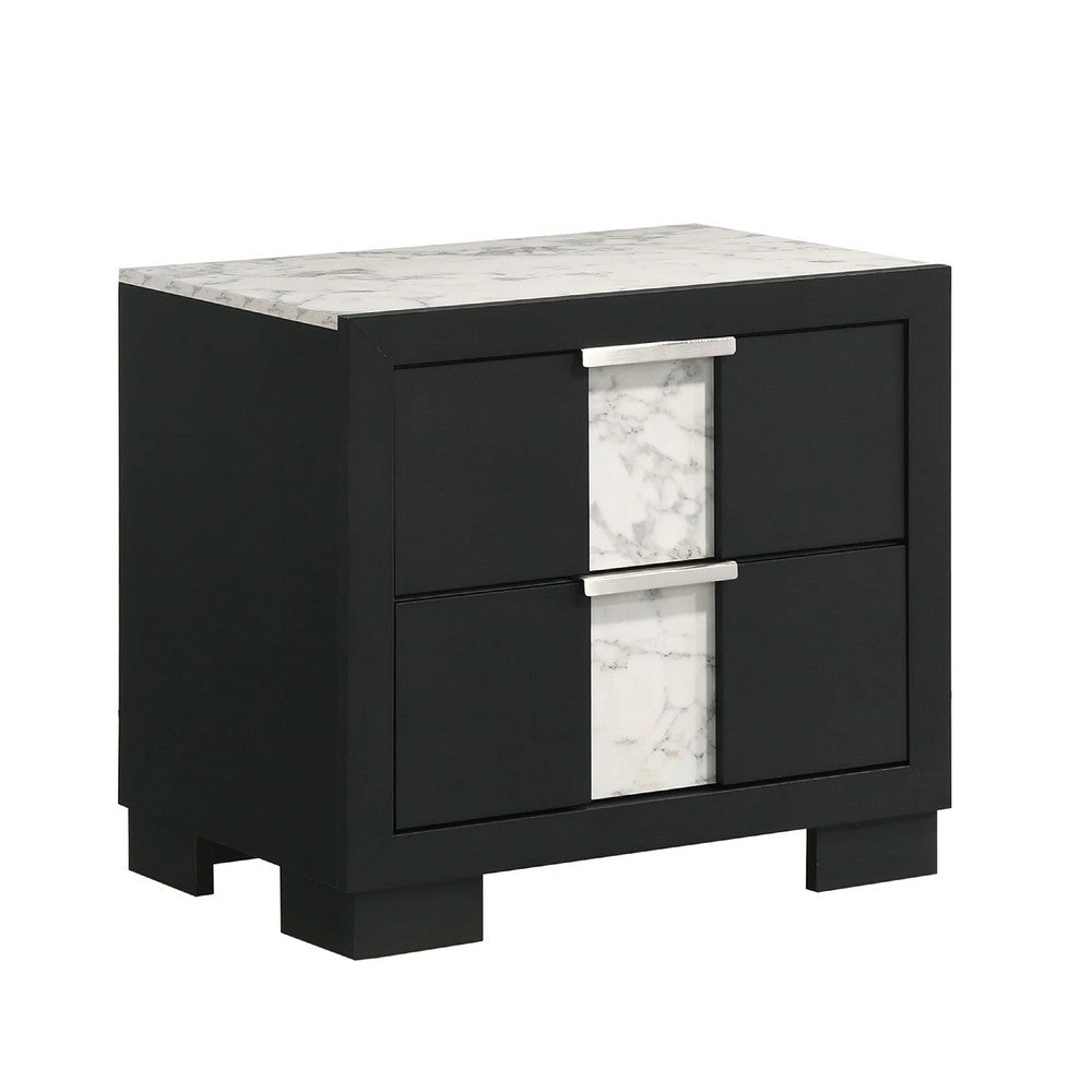 Queen Bedroom Set | Black | White | Silver Wood | 2 Piece Set with Nightst&