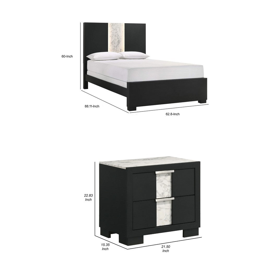 Queen Bedroom Set | Black | White | Silver Wood | 2 Piece Set with Nightst&