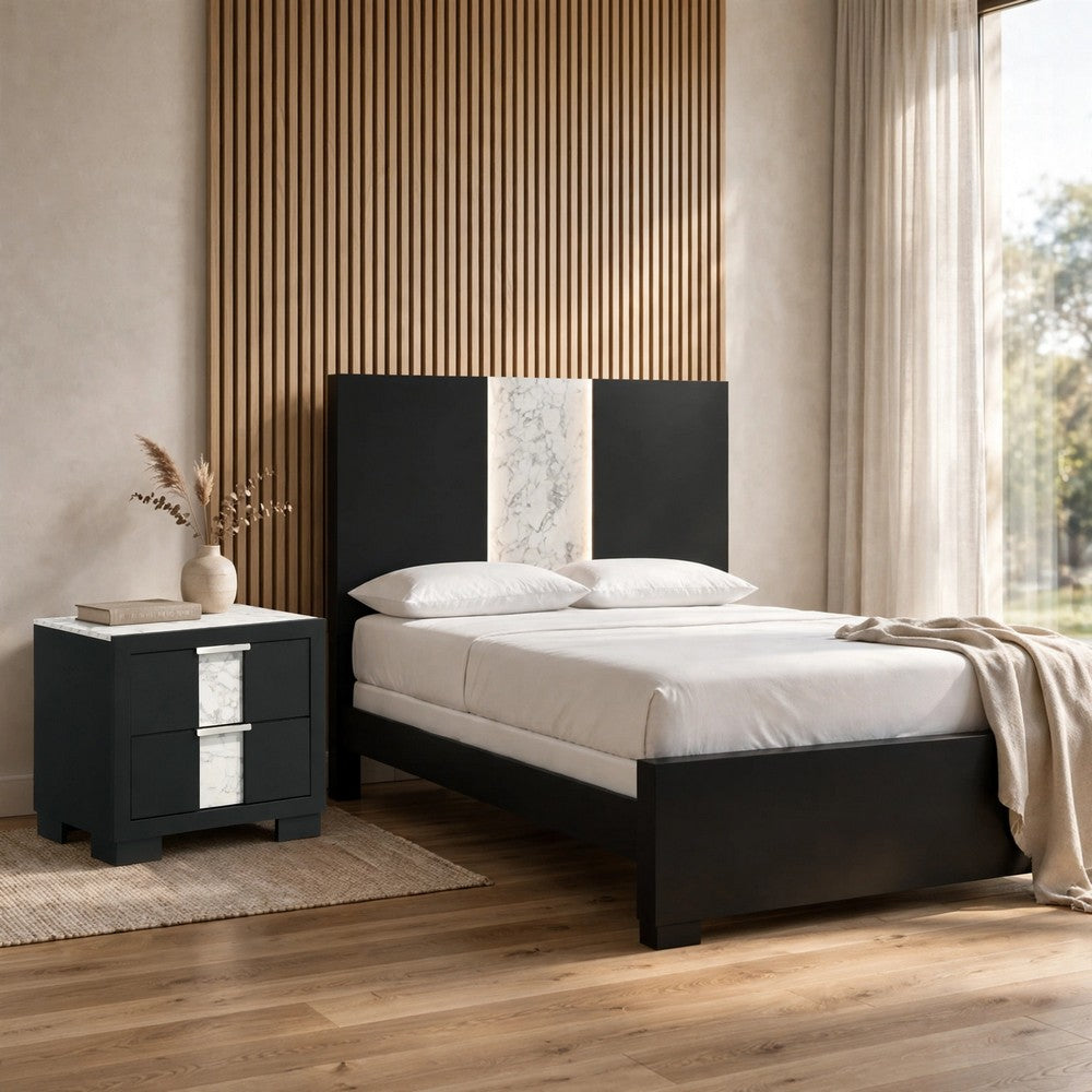 Queen Bedroom Set | Black | White | Silver Wood | 2 Piece Set with Nightst&