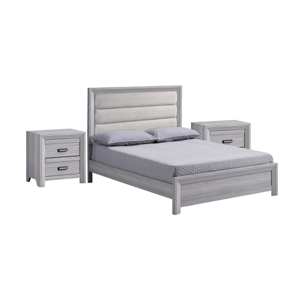 Queen Bedroom Set | Driftwood Gray | Cream | Black Wood | 3 Piece Set with 2 Nightst&s