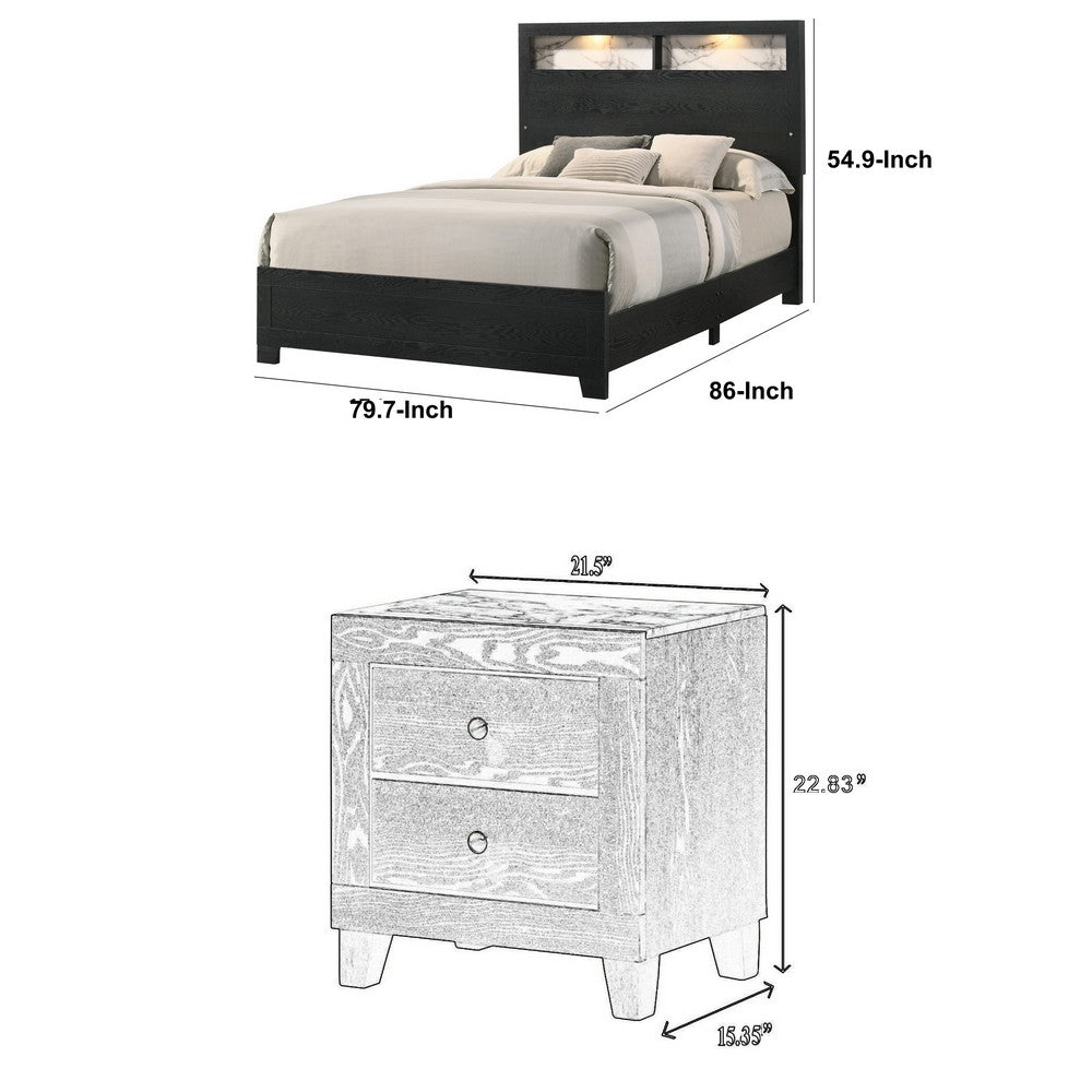 King Bedroom Set, Black, White, Chrome Wood, 2 Piece Set with Nightstand