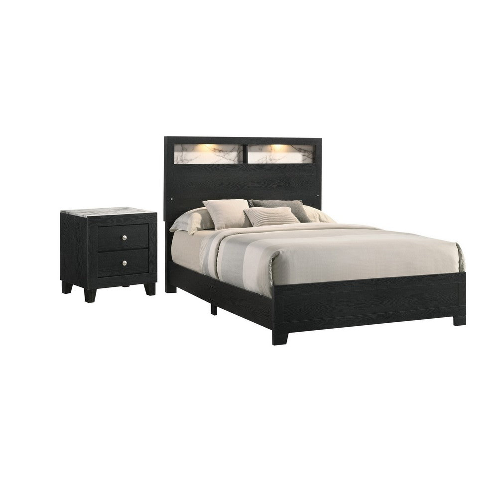 Queen Bedroom Set, Black, White, Chrome Wood, 2 Piece Set with Nightstand
