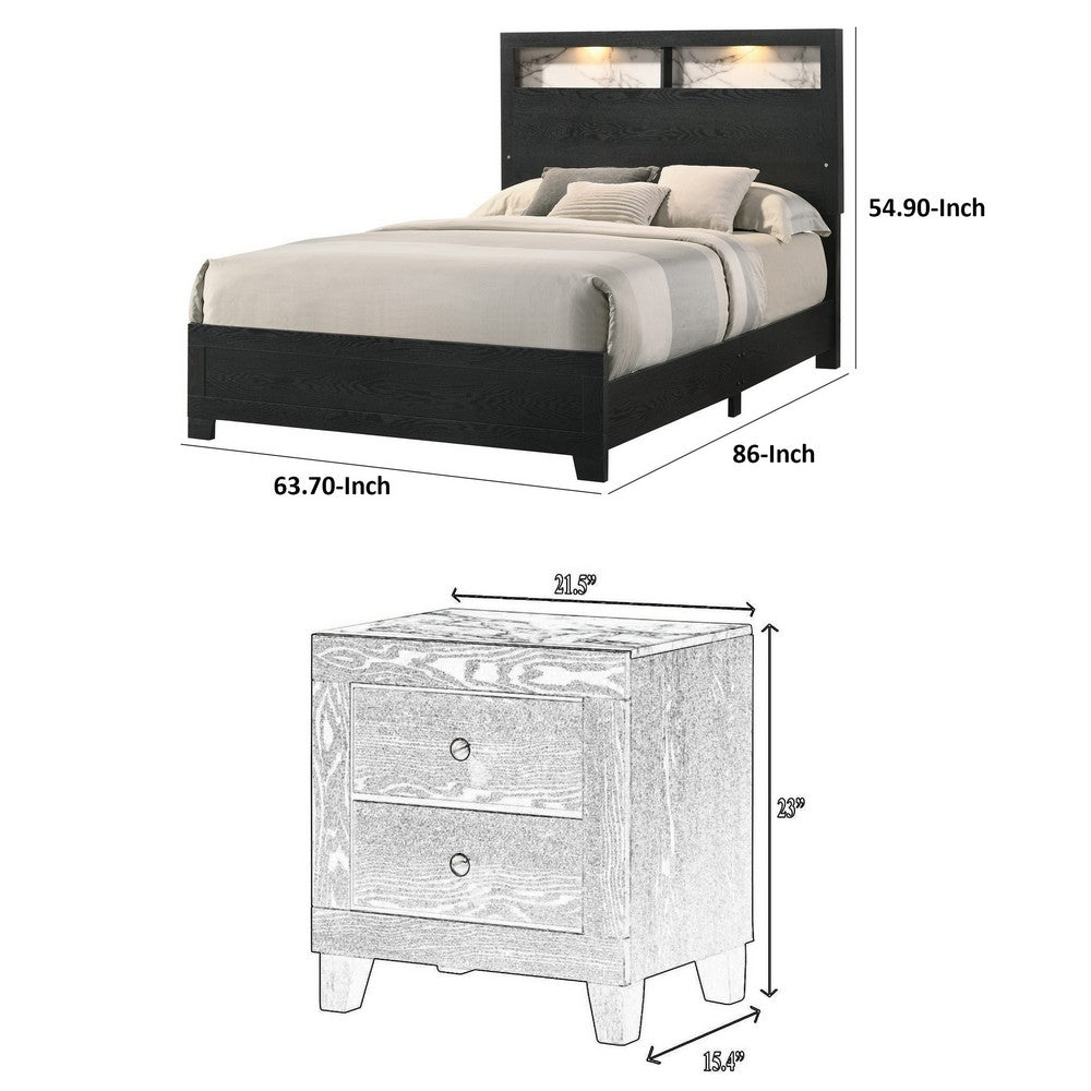 Queen Bedroom Set, Black, White, Chrome Wood, 2 Piece Set with Nightstand