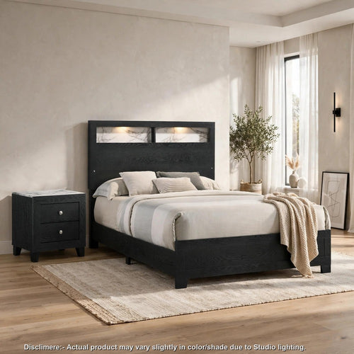 Queen Bedroom Set, Black, White, Chrome Wood, 2 Piece Set with Nightstand