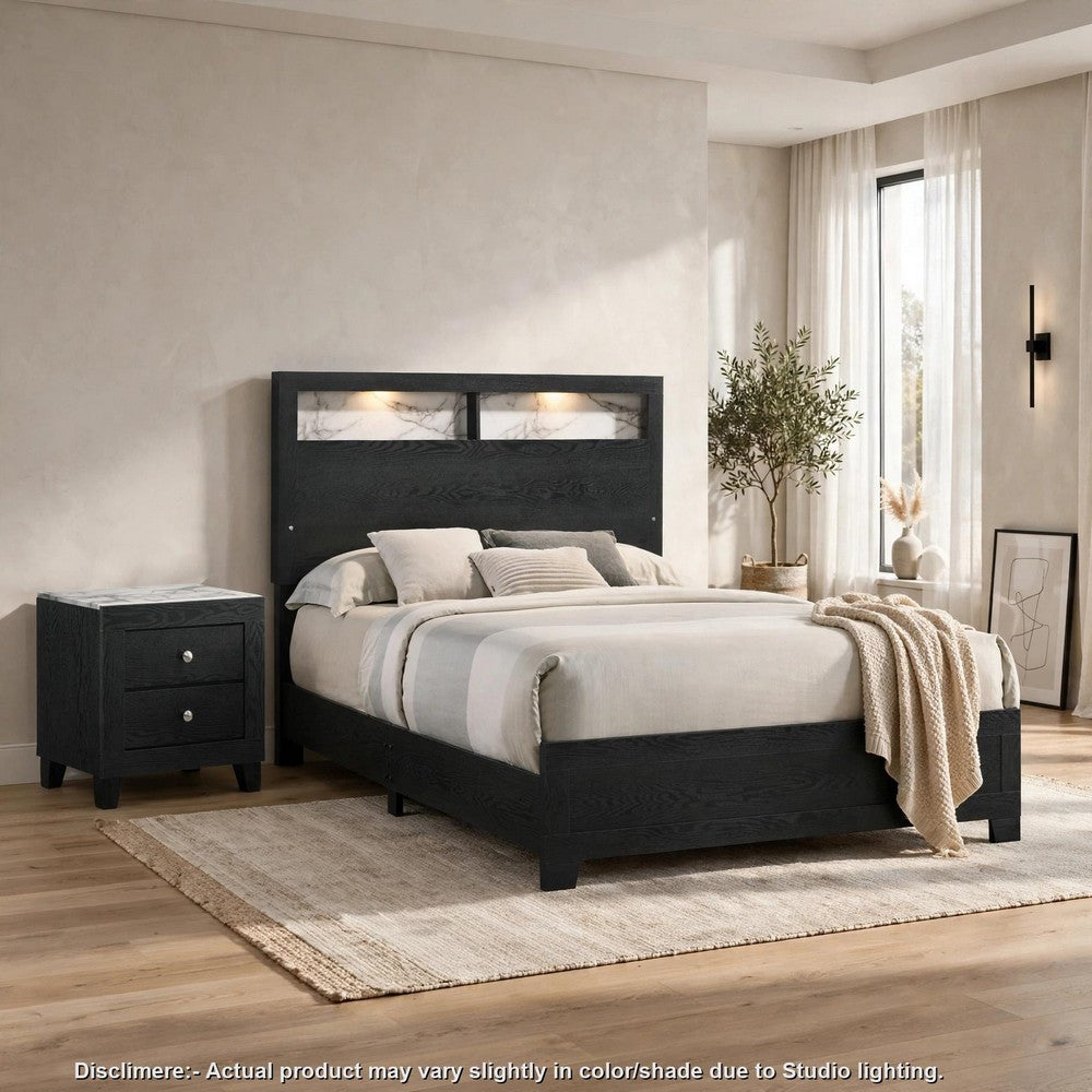 Queen Bedroom Set, Black, White, Chrome Wood, 2 Piece Set with Nightstand