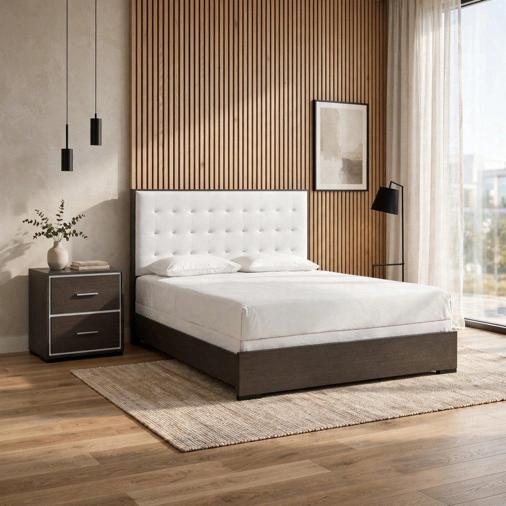 King Bedroom Set | Dark Brown | Cream White | Silver Wood | 2 Piece Set with Nightst&