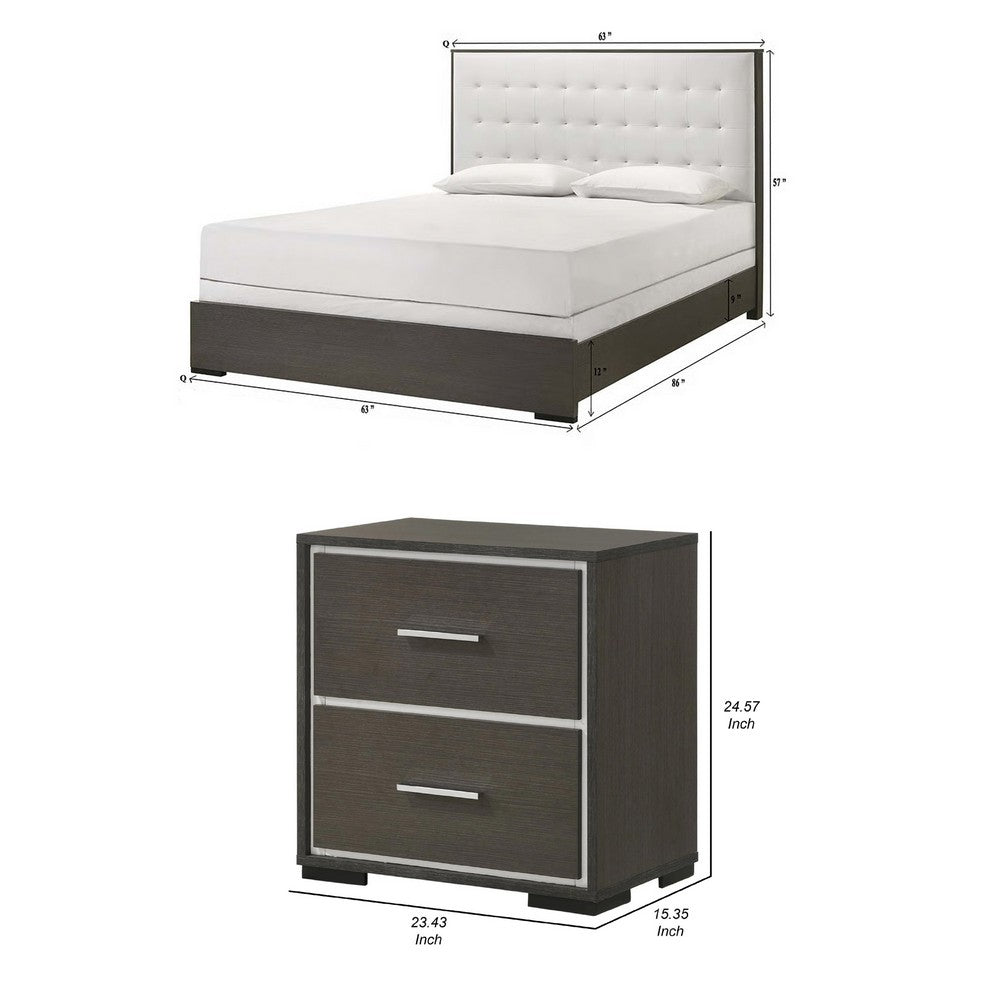 Queen Bedroom Set | Dark Brown | Cream White | Silver Wood | 3 Piece Set with 2 Nightst&s