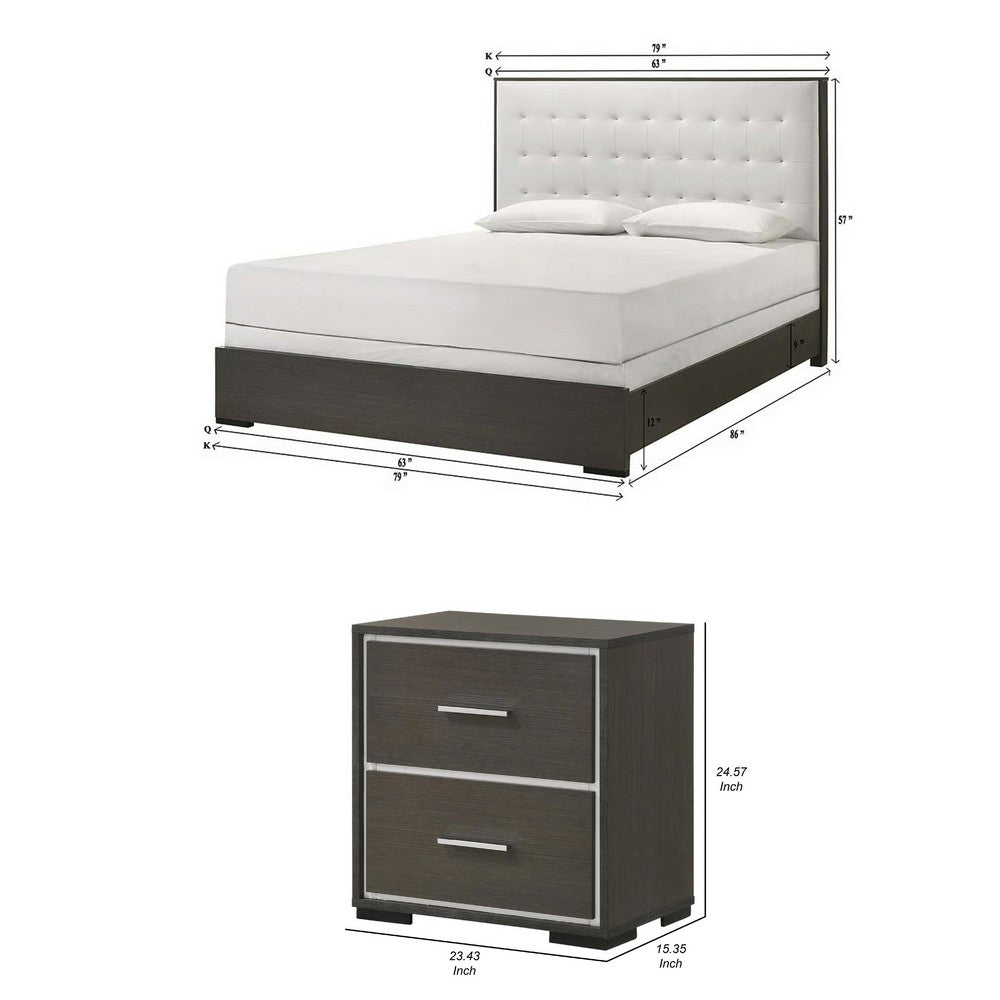 Queen Bedroom Set | Dark Brown | Cream White | Silver Wood | 2 Piece Set with Nightst&
