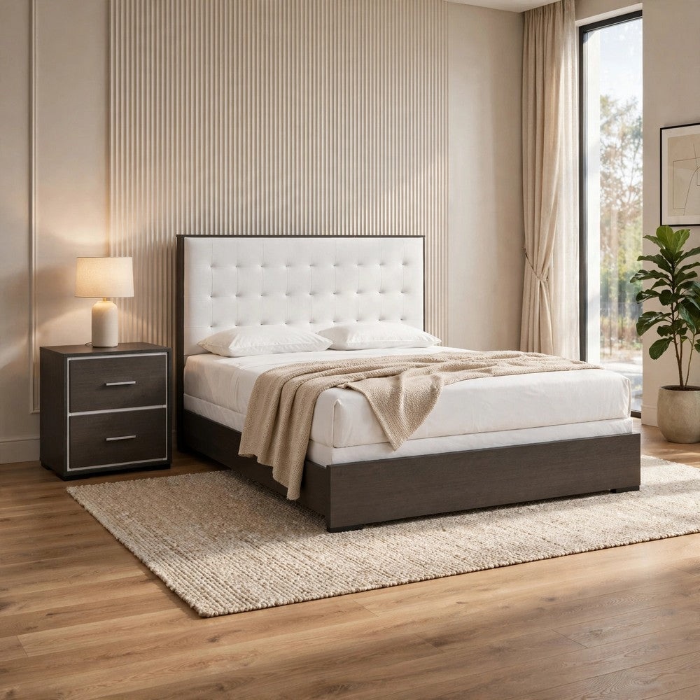 Queen Bedroom Set | Dark Brown | Cream White | Silver Wood | 2 Piece Set with Nightst&