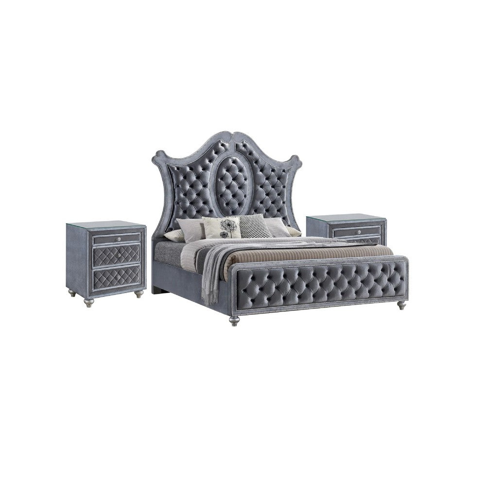 King Bedroom Set | Gray Wood | 3 Piece Set with 2 Nightst&s
