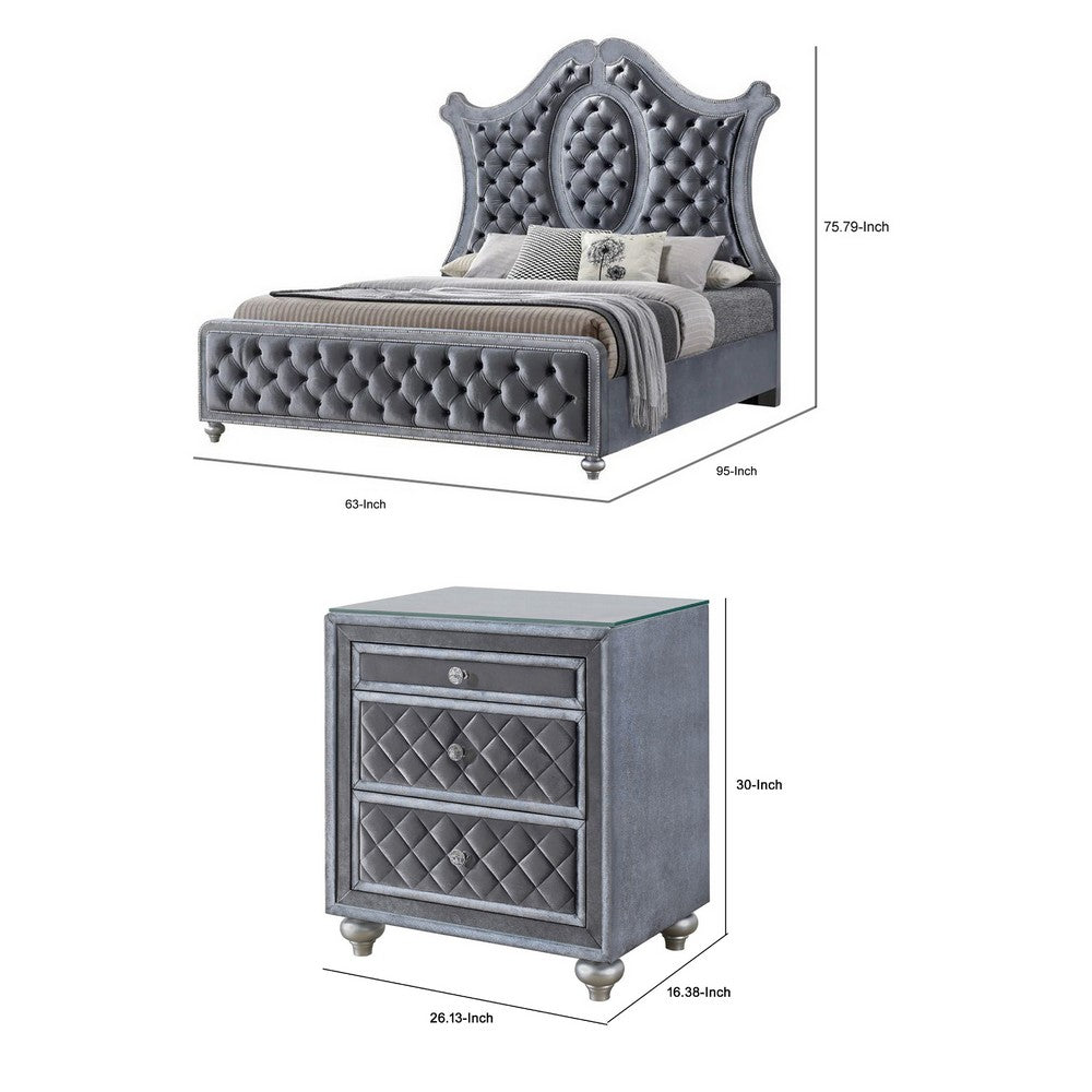 Queen Bedroom Set, Gray Wood, 3 Piece Set with 2 Nightstands