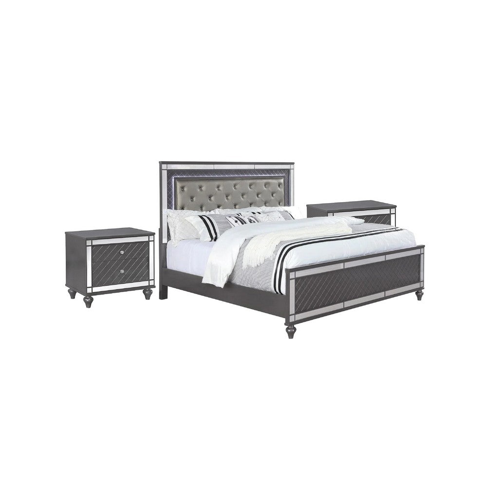 King Bedroom Set | Gray | Silver | Clear Wood | 3 Piece Set with 2 Nightst&s
