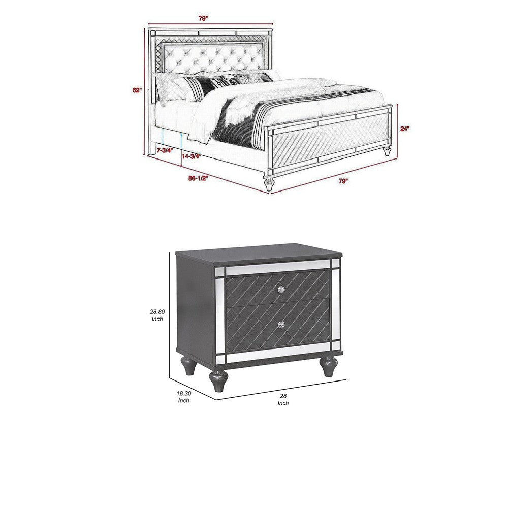 King Bedroom Set | Gray | Silver | Clear Wood | 3 Piece Set with 2 Nightst&s