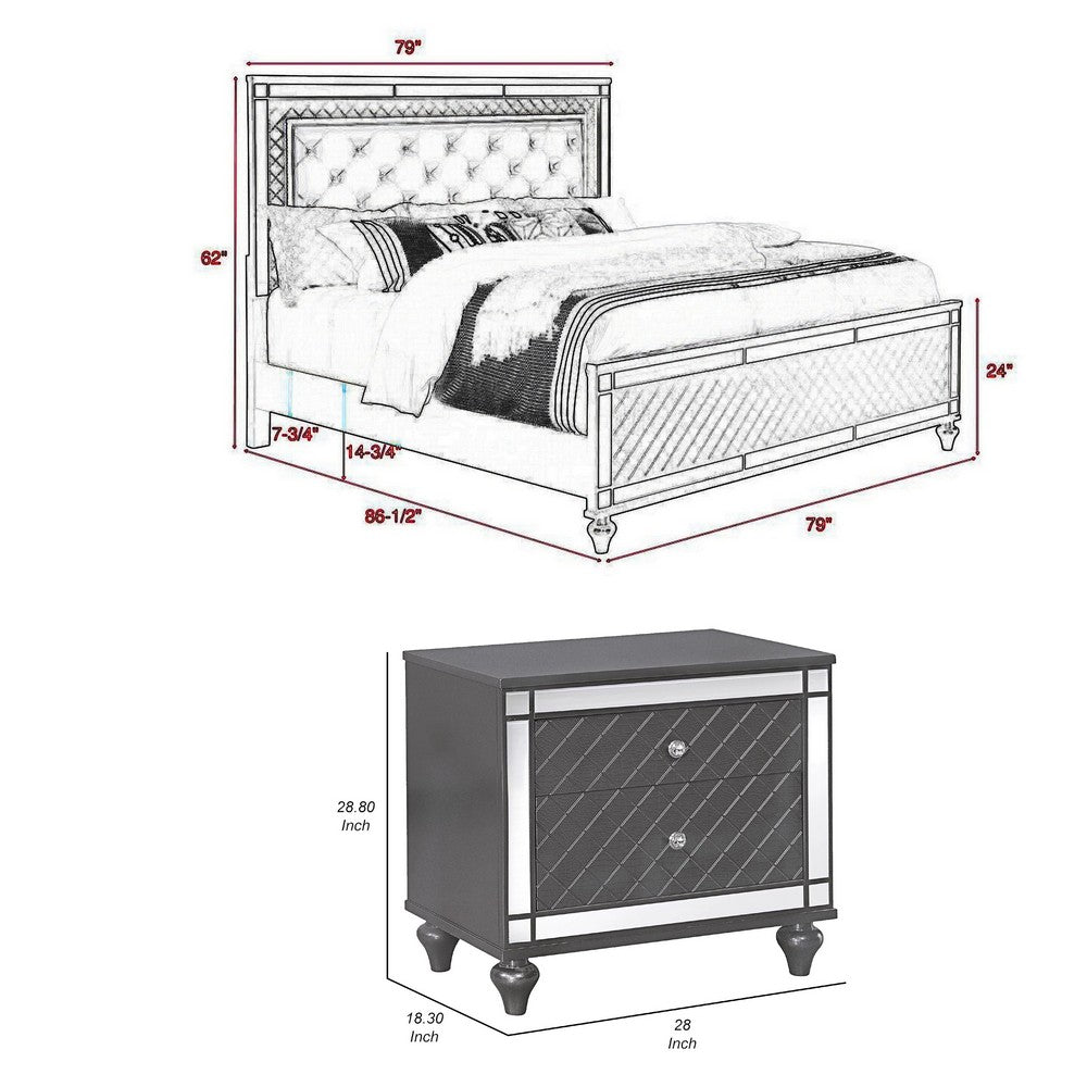 King Bedroom Set | Gray | Silver | Clear Wood | 2 Piece Set with Nightst&