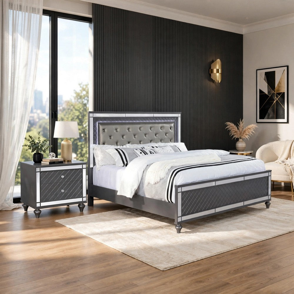 King Bedroom Set | Gray | Silver | Clear Wood | 2 Piece Set with Nightst&