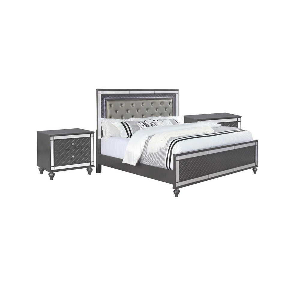 Queen Bedroom Set, Gray, Silver, Clear Wood, 3 Piece Set with 2 Nightstands