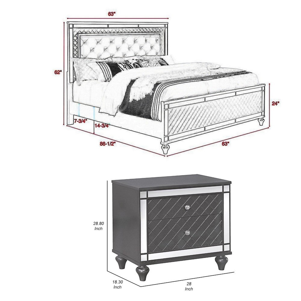 Queen Bedroom Set | Gray | Silver | Clear Wood | 2 Piece Set with Nightst&