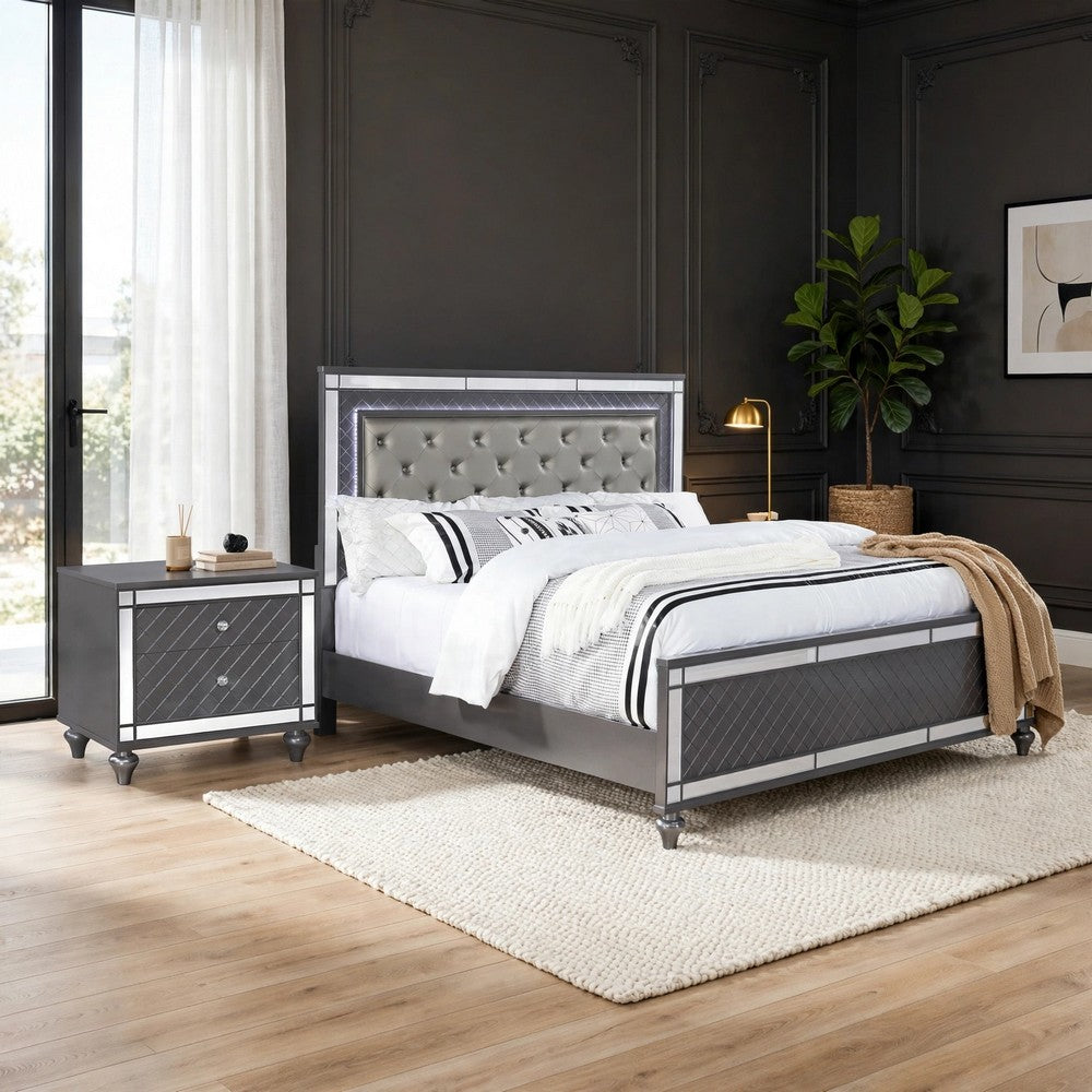 Queen Bedroom Set | Gray | Silver | Clear Wood | 2 Piece Set with Nightst&