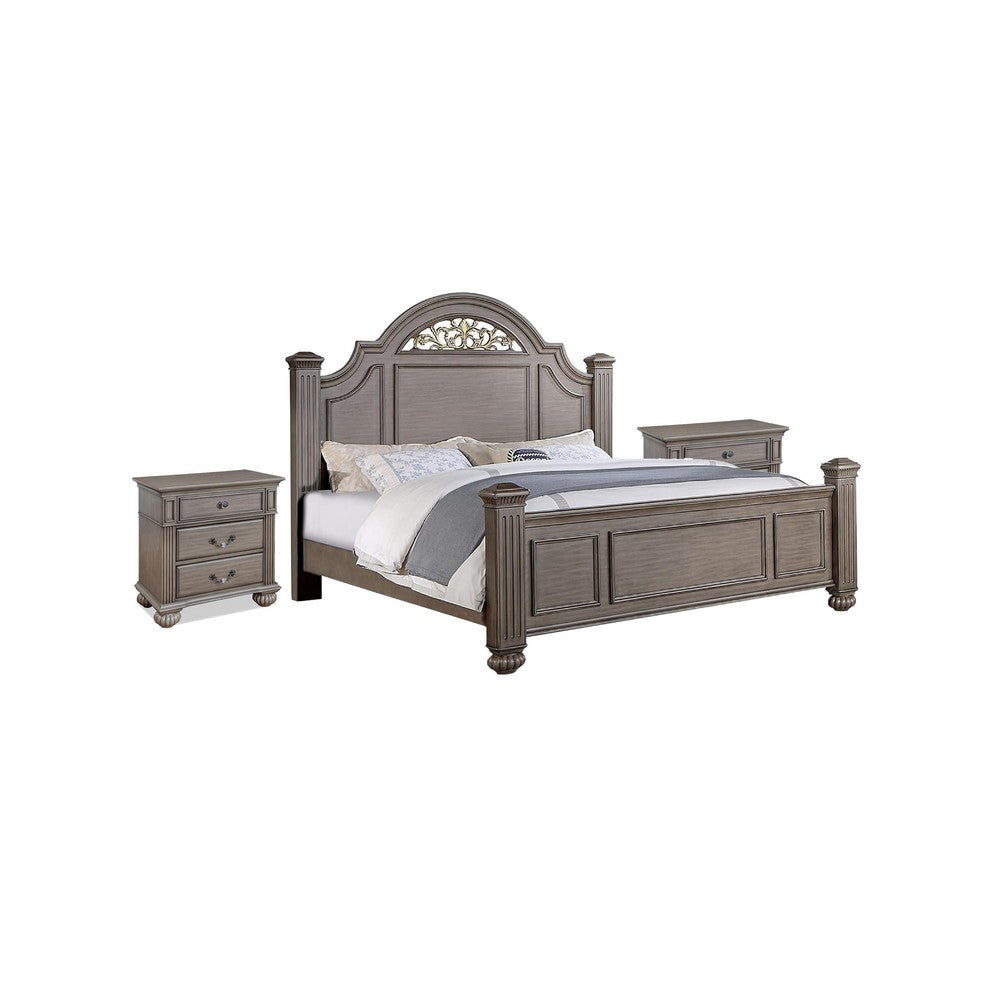 3pc King Bedroom Set, Gray, Brass, Clear Wood, 2 Nightstands
