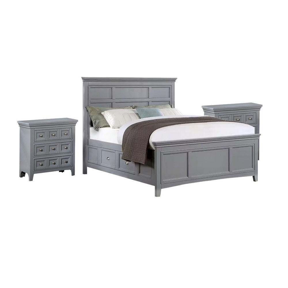 3pc King Bedroom Set, Gray, Chrome Wood, 2 Nightstands